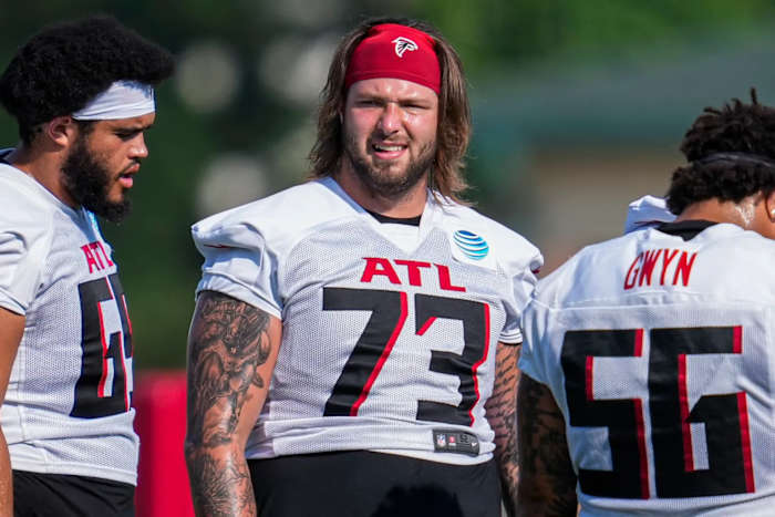 Atlanta Falcons offensive tackle Tyler Vrabel (73) on the field during training camp at IBM Performance Field